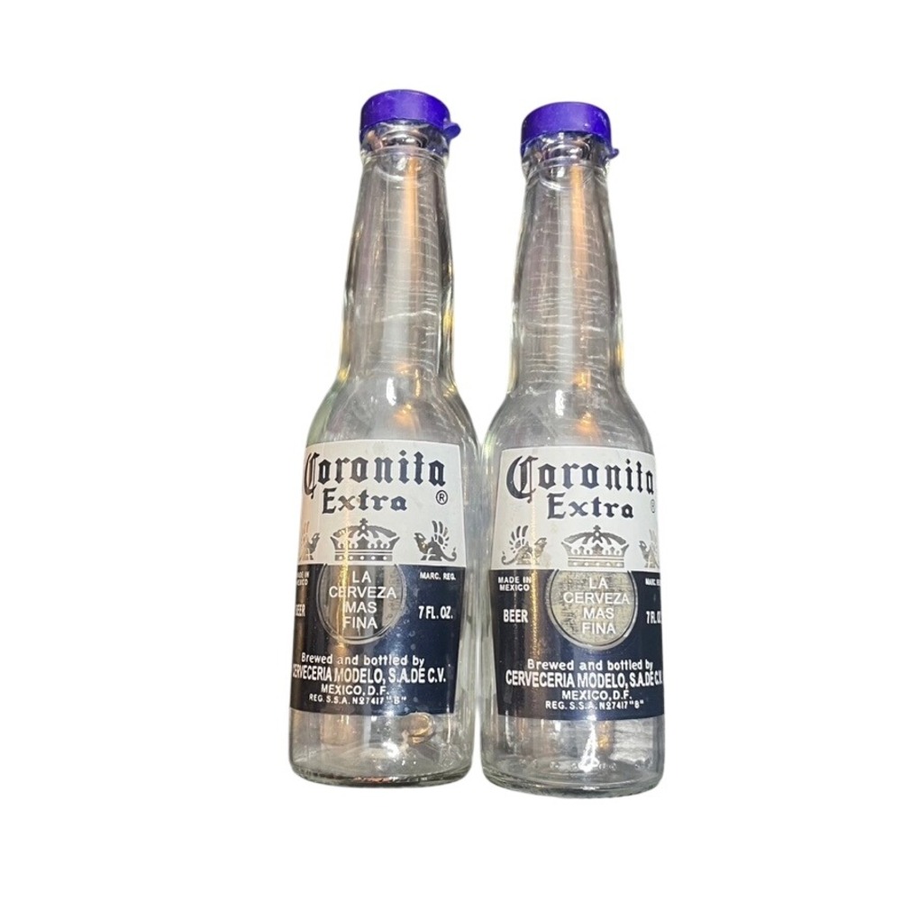 Vintage Corona Salt & Pepper Shakers 7oz Glass Bottles Pair Blue Caps Mexico